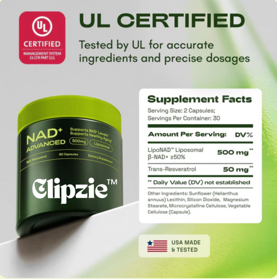 Clipzie NAD+ Advanced – Supplement with Resveratrol – 60 Capsules
